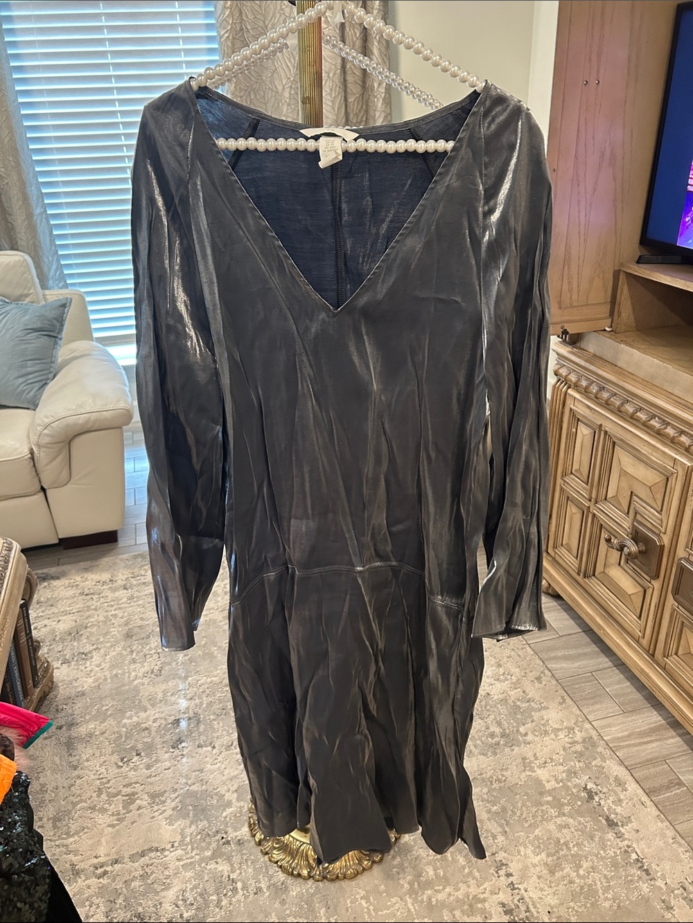 H&M Metallic Charcoal Long Sleeve V-Neck Dress